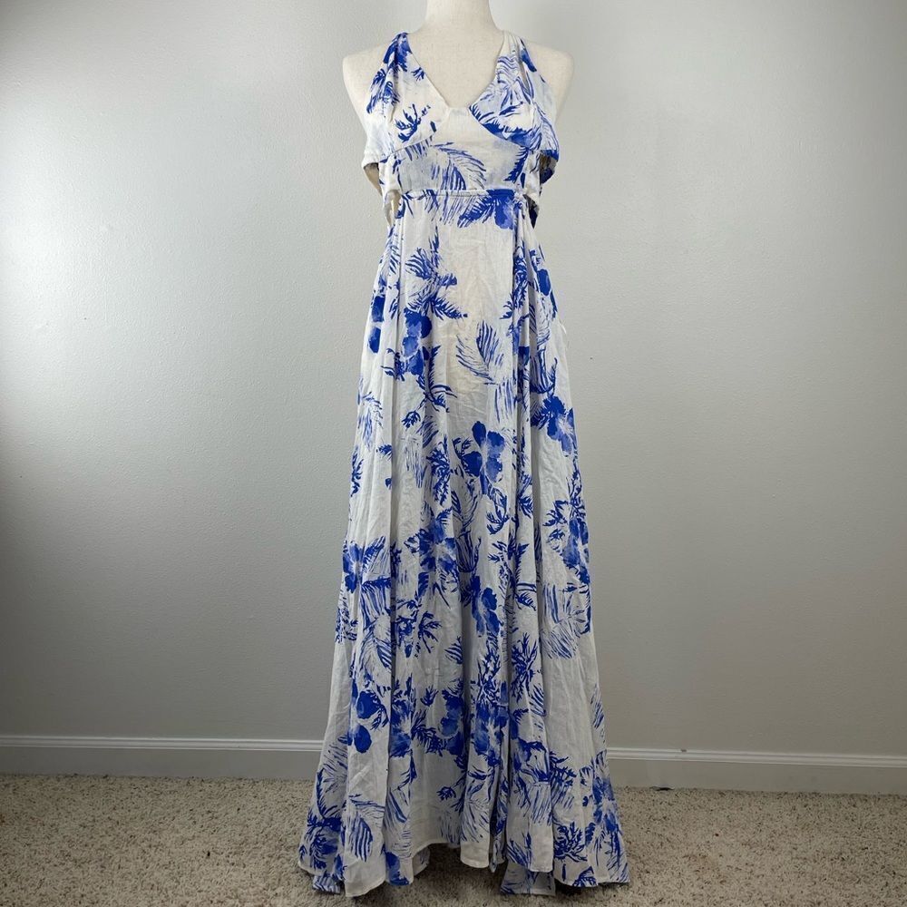 Free People White Maxi Dress with Blue Floral Print